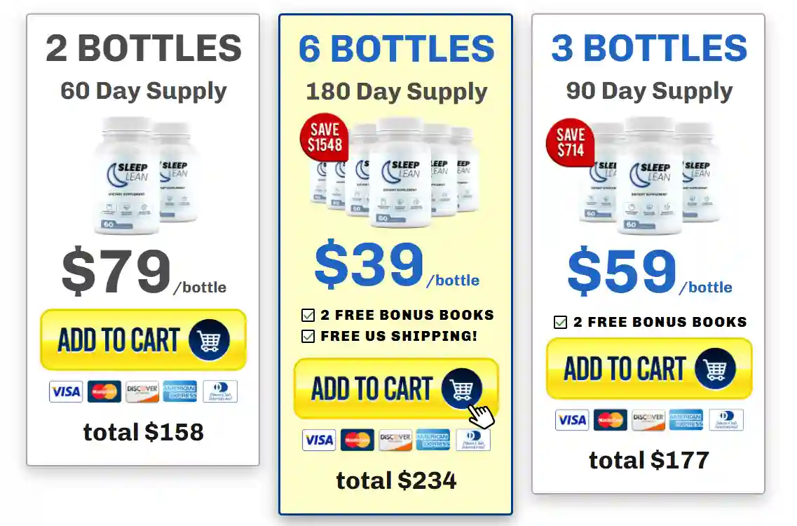 The three pricing packages for Sleep Lean: 1, 3, and 6-bottle supply options