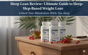 Sleep Lean review feature image showing the bottle in a serene bedroom setting