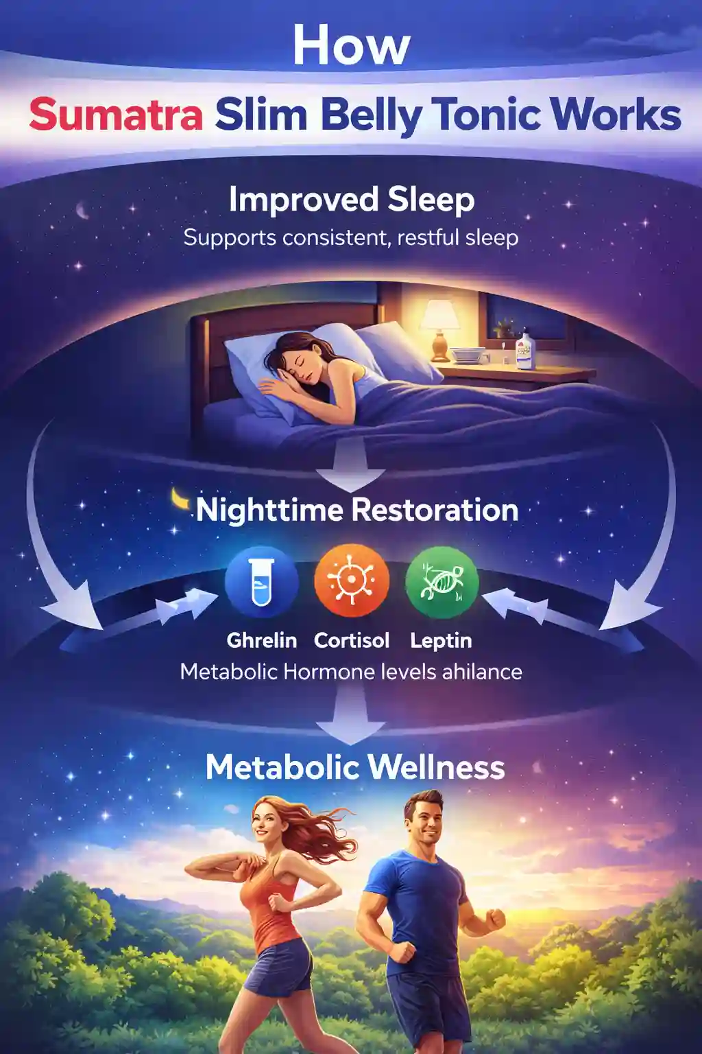 Infographic explaining how Sumatra Slim Belly Tonic supports sleep quality and nighttime metabolic processes